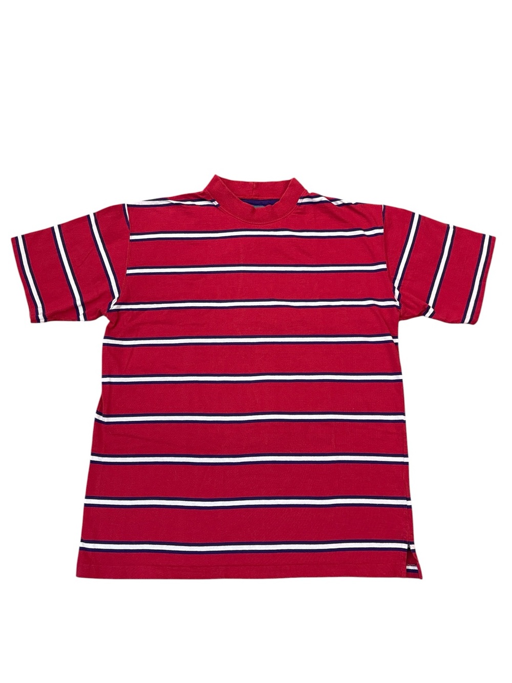 Vintage Woolrich Men’s Large Red Striped Mock Neck Short Sleeve Cotton Sweater